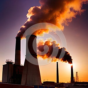 Air pollution and smoke generated from chimney stacks in industrial factory and power plant