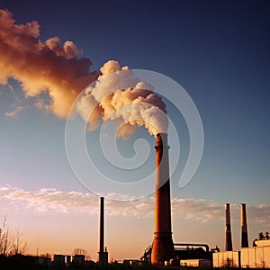 Air pollution and smoke generated from chimney stacks in industrial factory and power plant