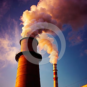 Air pollution and smoke generated from chimney stacks in industrial factory and power plant