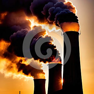 Air pollution and smoke generated from chimney stacks in industrial factory and power plant