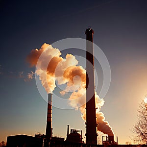 Air pollution and smoke generated from chimney stacks in industrial factory and power plant