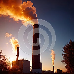 Air pollution and smoke generated from chimney stacks in industrial factory and power plant