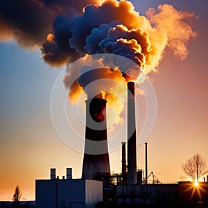 Air pollution and smoke generated from chimney stacks in industrial factory and power plant