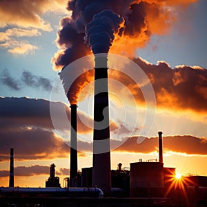 Air pollution and smoke generated from chimney stacks in industrial factory and power plant