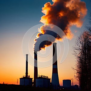 Air pollution and smoke generated from chimney stacks in industrial factory and power plant