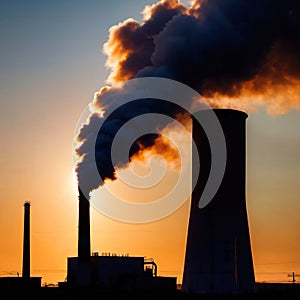 Air pollution and smoke generated from chimney stacks in industrial factory and power plant