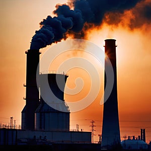 Air pollution and smoke generated from chimney stacks in industrial factory and power plant