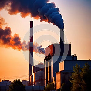 Air pollution and smoke generated from chimney stacks in industrial factory and power plant