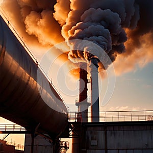 Air pollution and smoke generated from chimney stacks in industrial factory and power plant