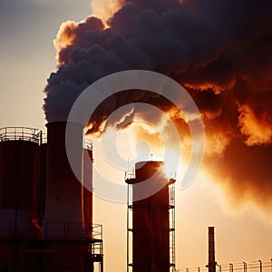 Air pollution and smoke generated from chimney stacks in industrial factory and power plant