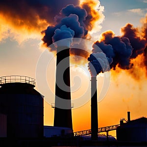 Air pollution and smoke generated from chimney stacks in industrial factory and power plant