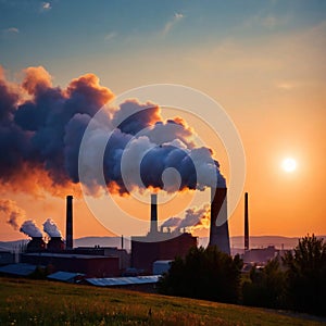 Air pollution and smoke generated from chimney stacks in industrial factory and power plant