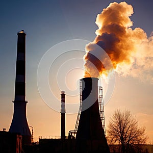 Air pollution and smoke generated from chimney stacks in industrial factory and power plant