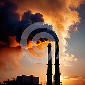 Air pollution and smoke generated from chimney stacks in industrial factory and power plant