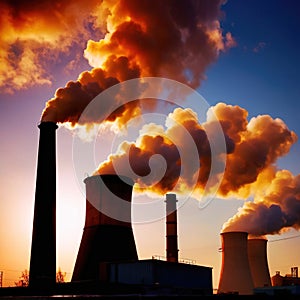 Air pollution and smoke generated from chimney stacks in industrial factory and power plant