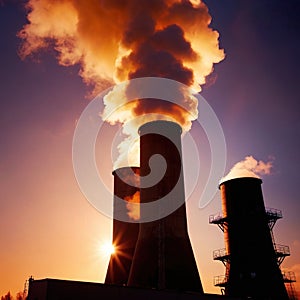 Air pollution and smoke generated from chimney stacks in industrial factory and power plant