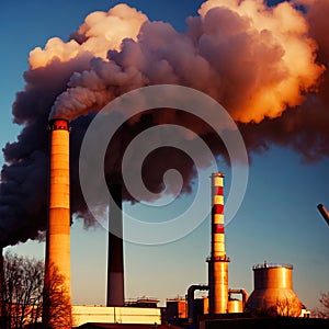 Air pollution and smoke generated from chimney stacks in industrial factory and power plant