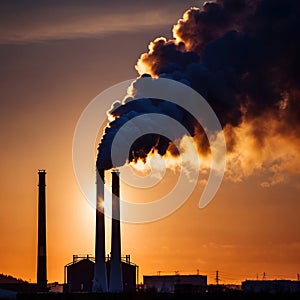 Air pollution and smoke generated from chimney stacks in industrial factory and power plant