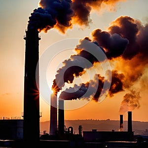 Air pollution and smoke generated from chimney stacks in industrial factory and power plant