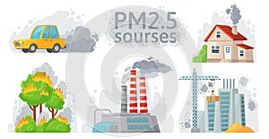 Air pollution source. PM 2.5 dust, dirty environment and polluted air sources infographic vector illustration