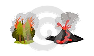 Air Pollution Sources with Smoke from Volcano Eruption and Destructive Fire Vector Scene Set