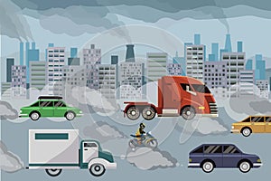 Air pollution vector illustration, factories and cars pollute environment. Ecology polluted with toxic chemicals. photo
