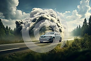 Air pollution by Vehicle exhaust fumes, carbon emissions, sinking into a thick smog Global Warming concept