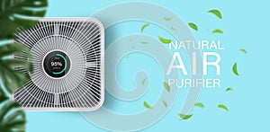 Air purifier on bule background with filter for cleaner removing fine dust PM2.5