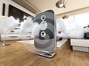 Air purifier cleans the air inside the living room. 3D illustration