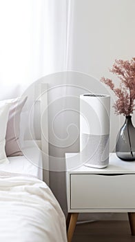 Air purifier in cozy white bedroom for filter and cleaning removing dust PM2.5 HEPA and virus in home