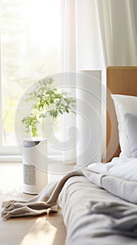 Air purifier in cozy white bedroom for filter and cleaning removing dust PM2.5 HEPA and virus in home