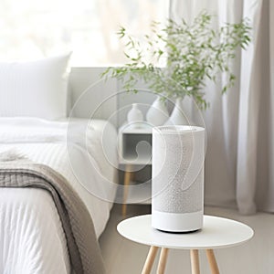 Air purifier in cozy white bedroom for filter and cleaning removing dust PM2.5 HEPA and virus in home