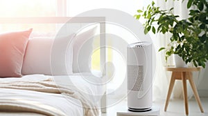 Air purifier in cozy white bedroom for filter and cleaning removing dust PM2.5 HEPA and virus in home