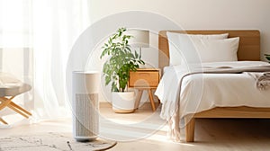 Air purifier in cozy white bedroom for filter and cleaning removing dust PM2.5 HEPA and virus in home