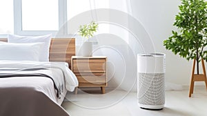 Air purifier in cozy white bedroom for filter and cleaning removing dust PM2.5 HEPA and virus in home