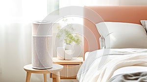 Air purifier in cozy white bedroom for filter and cleaning removing dust PM2.5 HEPA and virus in home