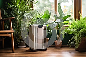 air purifier device on wooden floor with green plants around