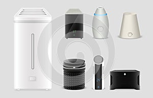 Air purifier and humidifier realistic set. Portable smart home appliance, household device