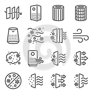 Air purifier icon illustration vector set. Contains such icons as Dust, Oxygen, Anti-bacteria, Air pollution, pm 2.5, Air filter,