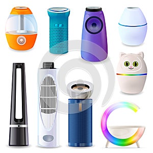 Air purifier icons set cartoon vector. Humidifier climate