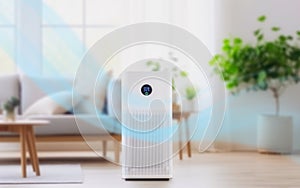 air purifier a living room, air cleaner removing fine dust in house. protect PM 2.5 dust and air pollution concept