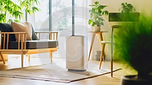 air purifier a living room, air cleaner removing fine dust in house. protect PM 2.5 dust and air pollution concept. Generative AI