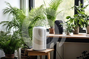 air purifier with plants in a home office