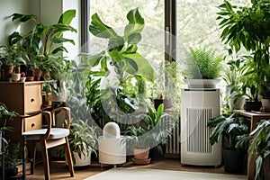 air purifier with plants in a home office
