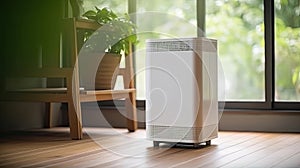 Air purifier on wooden floor in comfortable home. Fresh air and healthy life. Air Pollution Concept. Generative ai