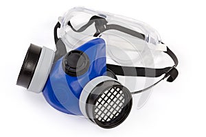 Air-purifying respirator and safety glasses on a white background photo