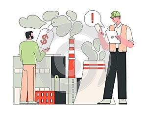 Air quality awareness. Industrial emissions. Pollution fees at a factory emitting