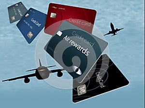 Air rewards credit cards are seen here floating and flying in th