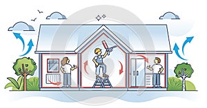 Air sealing and home insulation with foam to save energy outline concept