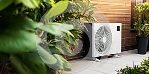 air source heat pump, AC unit installed outdoors at home